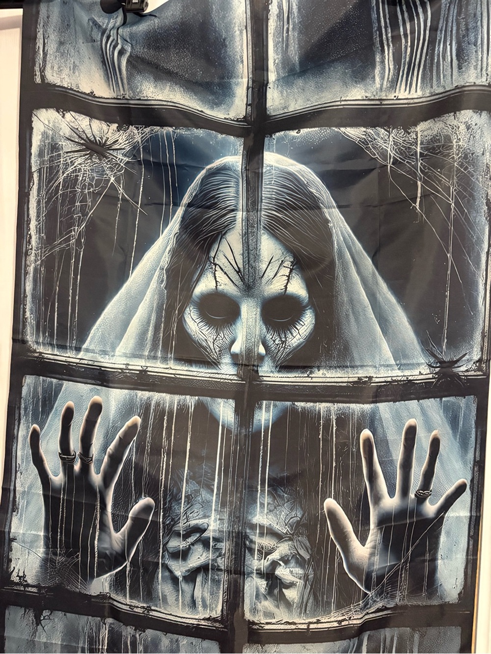 Haunting Window Ghost Tapestry in Black and Icy Blue